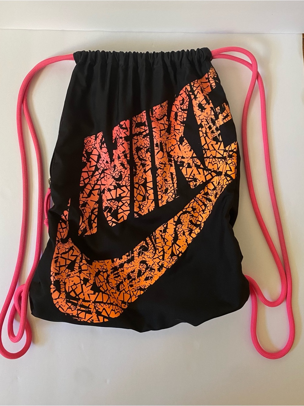 Nike Black drawstring gym bag Orange and Pink Swoosh with side zipper pocket